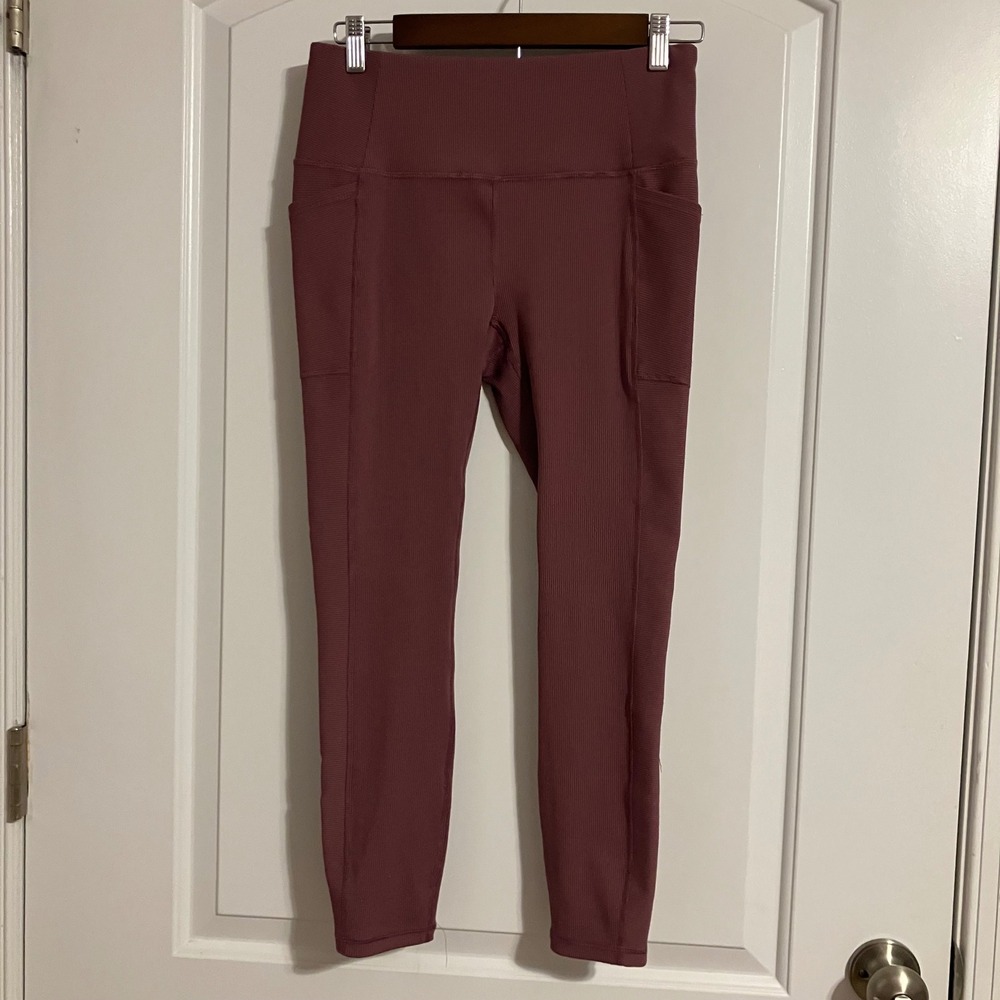 RBX Active Ribbed High Waisted Leggings with Pockets Mauve Medium